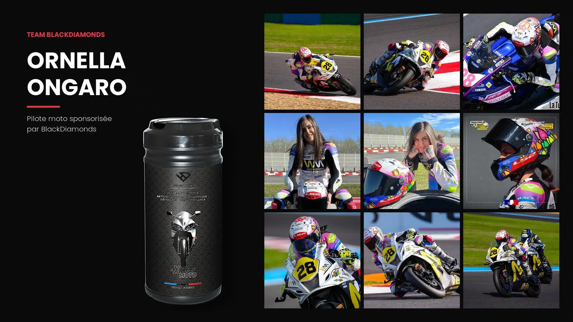 Ornella Ongaro Team BlackDiamonds - Pilote moto sponsorisée avec lingettes BlackDiamonds Moto